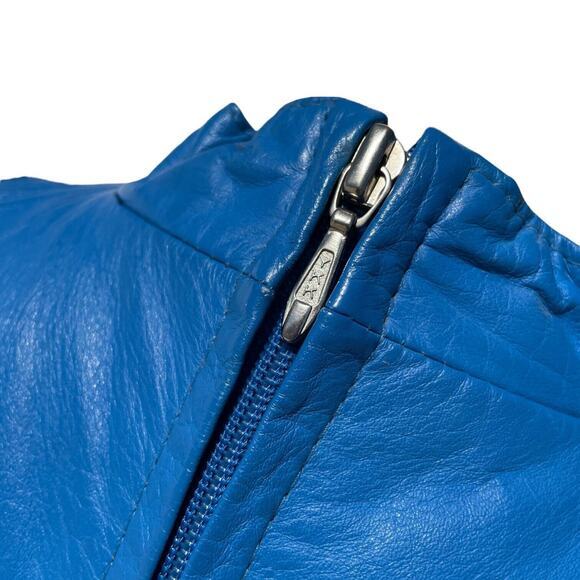 Vintage 80s Ambria Blue Leather Fitted Sleeveless High Neck‎ Dress Size 10 - Picture 6 of 13